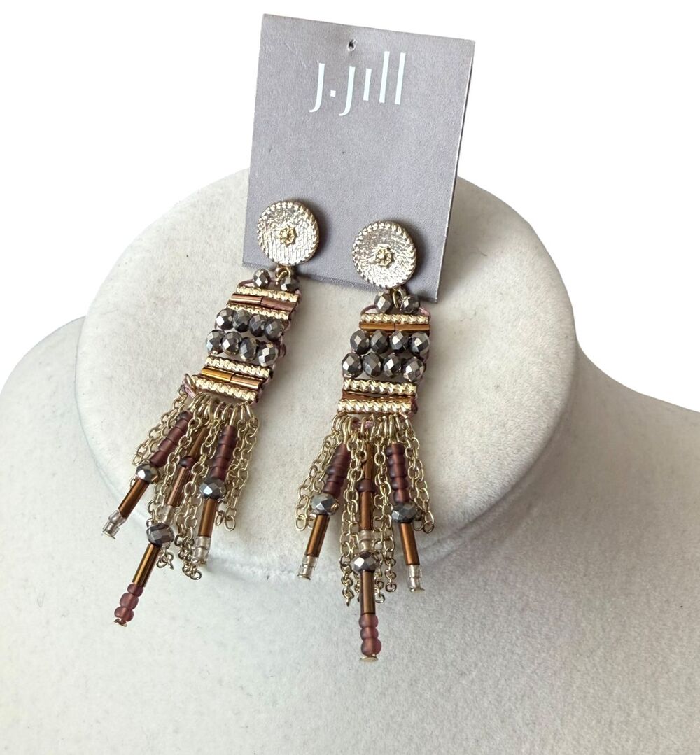 J Jill Beaded Fringe Earrings Gold Violet Glass Boho Statement Dangle Resort NWT - Picture 4 of 7